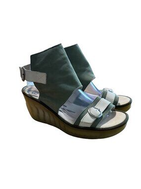 Fly London Leather Wedge Sandals Buckle Straps Two-Tone Green & White Size 9.5